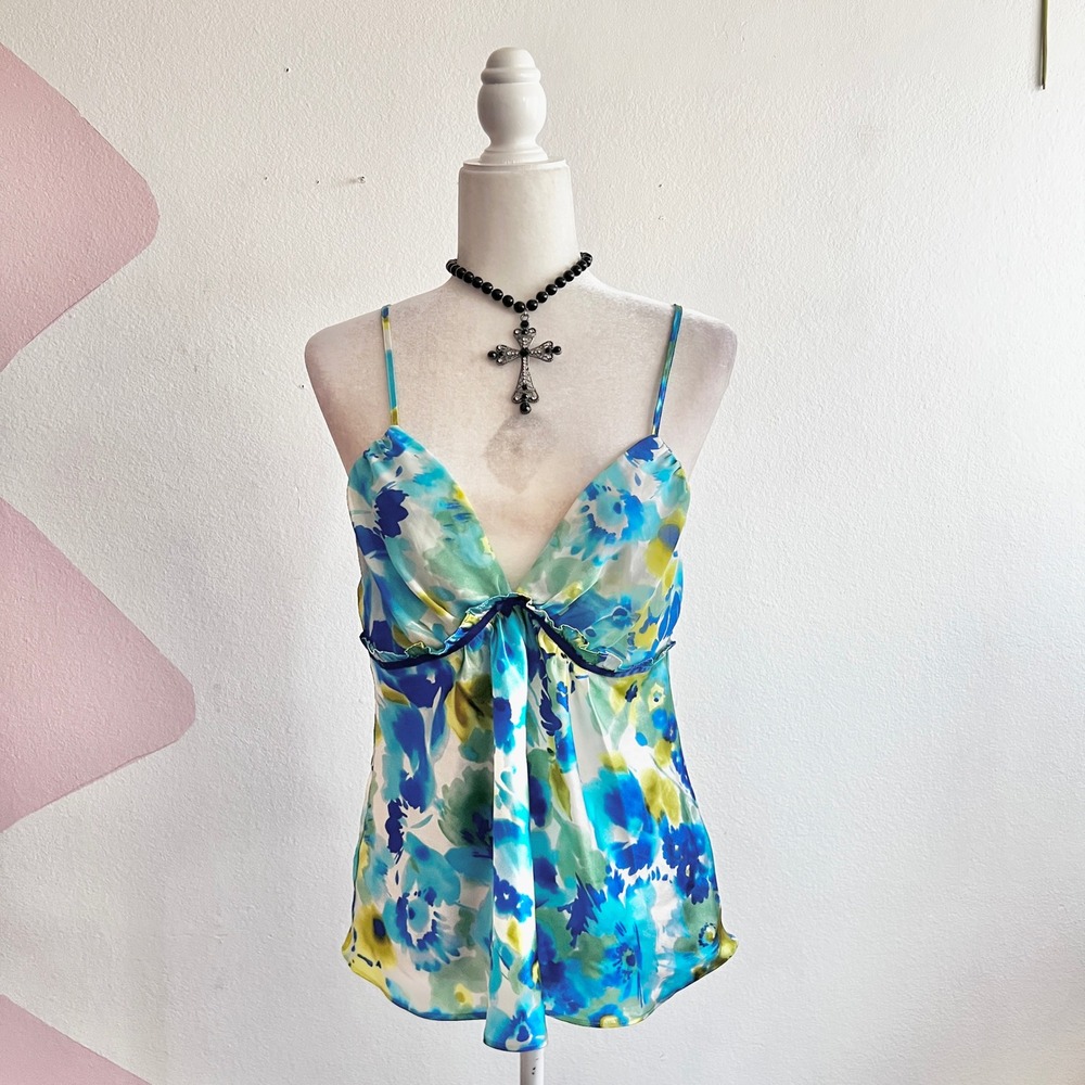 Y2K Babydoll Tank Top 2010 00s Festival Coachella Retro Blue Medium - Picture 1 of 8